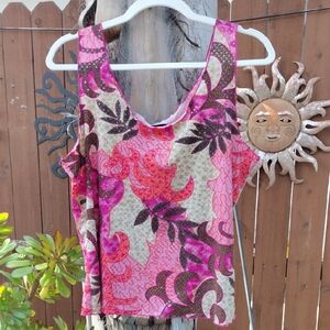 Y2K INC Pink and Cream Floral Print Tank Top With Clear Sequins